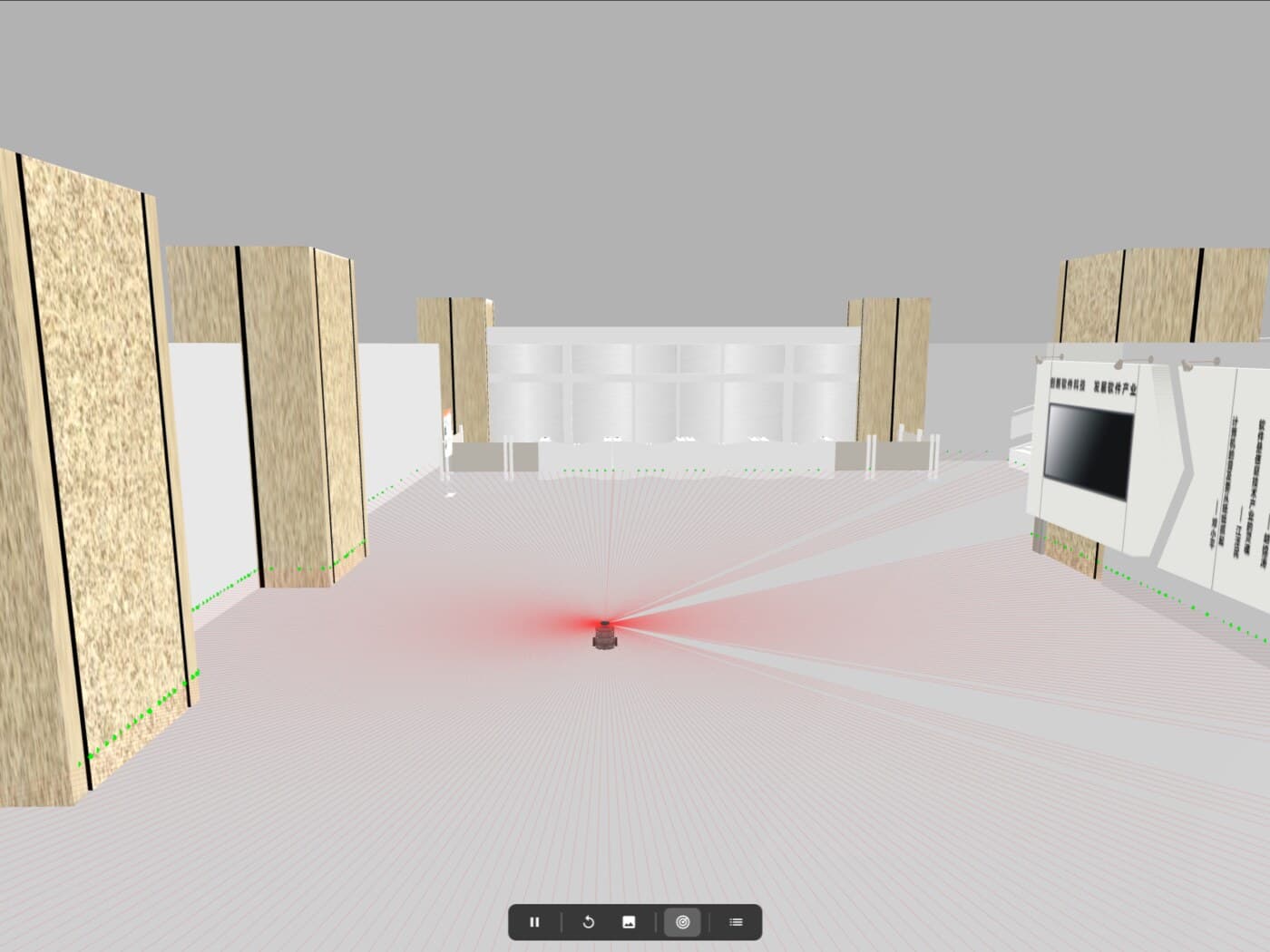 A TurtleBot3 in the museum world, its red laser scan radiating across the exhibit floor in Gazebo