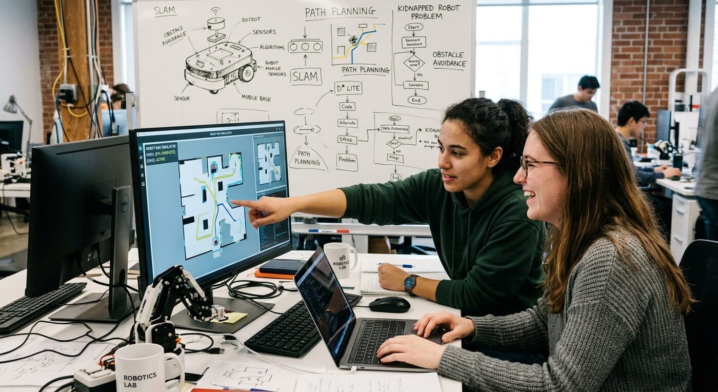 Two engineers at a desk debugging a robot navigation simulation together, a whiteboard of SLAM and path-planning notes behind them.
