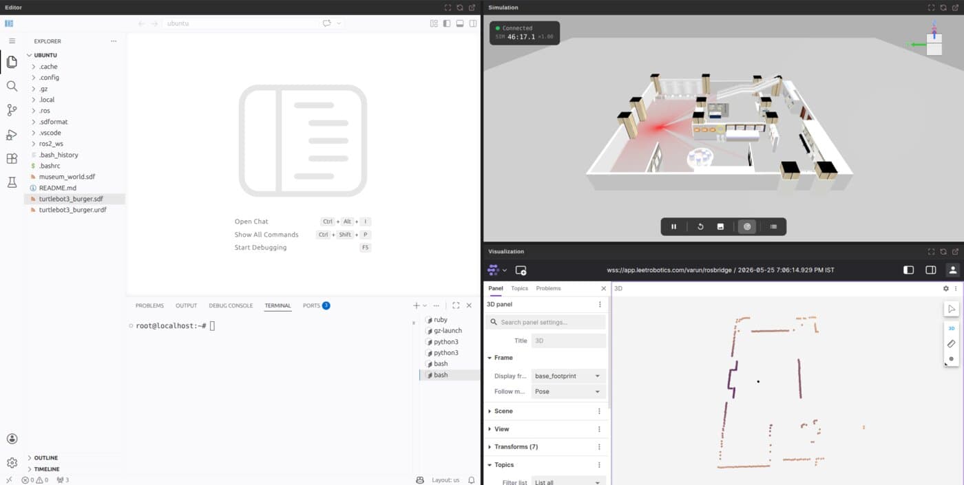 The Leet Robotics workspace running in a browser — a code editor, a live Gazebo simulation of a museum world, and a Foxglove visualization panel, all side by side.