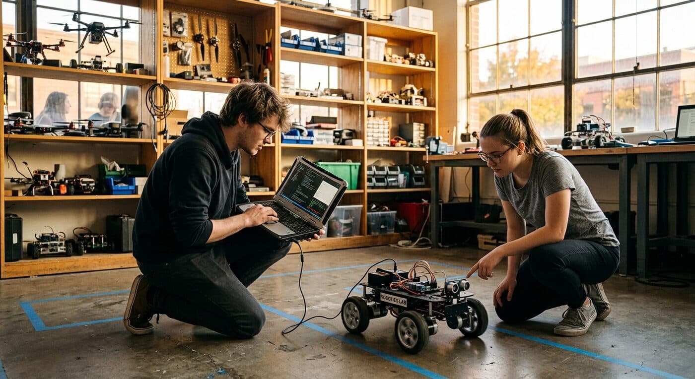 Two people in a robotics workshop testing a wheeled robot on the floor, one holding a tethered laptop, shelves of drones and parts behind them.
